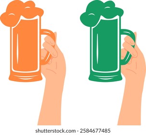 Set of hands with beer mugs. Celebrating Saint Patrick's Day. Vector illustration with transparent background 