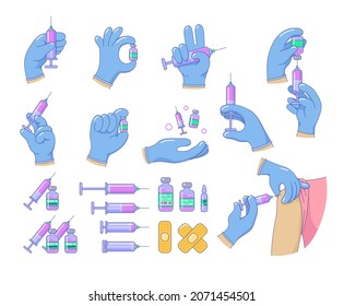 Set of hands in blue gloves making medical injections. Doctor or nurse hands with syringe and ampoule. Vaccination, immunization or medical treatment concept vector illustration