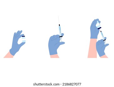Set of hands in blue medical glovew with injection bottle and syringe flat vector isolated on white background