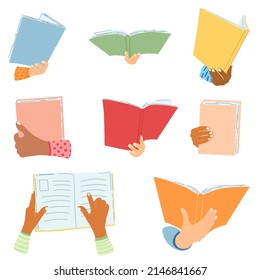 Set of hands with book in cartoon flat style. Concept of World book day, studying, learning . Vector illustration of open dictionary, encyclopedias, planner