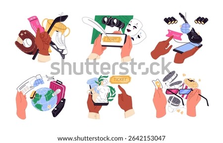 Set of hands booking electronic tickets online. Concept of ordering seats in cinema, theater, concert, buying boarding pass on plane by phone. Flat isolated vector illustrations on white background