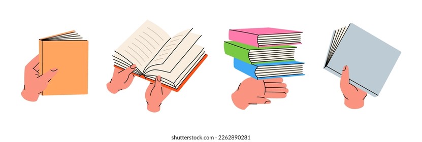 Set of hands with books. Bookstore, library, book shop illustration. Literature, dictionaries, encyclopedias, planners.