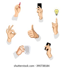 Set of hands businessman with different actions