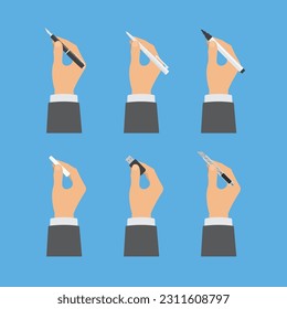 Set of hands of businessman with shirts and suit sleeves holding stationery, office supplies, pen, fountain pen, whiteboard pen, chalk, flash drive and cutter in flat illustration