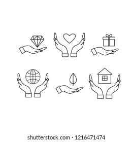a set of hands caring or holding: heart, globe, house, gift, green leaf, diamond; vector thin line icons,  graphic symbols for care, protection, health. Isolated on white. EPS 10.