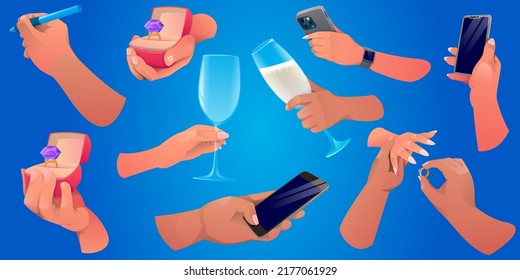 set of hands in cartoon style. hand with a phone, a hand with a ring, a hand with a glass, a hand writes, a marriage proposal