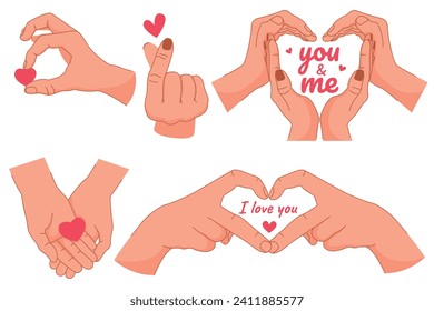 Set of hands in cartoon style. Human hands. Vector male and female hands showing heart signs. Valentine's Day.