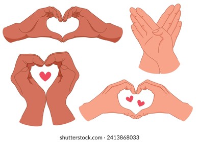 Handset im Cartoon-Stil. Menschliche Hände. Männliche und weibliche Vektorgrafik, verschiedene Hände, die Herzzeichen zeigen. Valentinstag.
