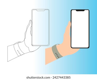 Set hands with cell phones in them. Isolated people using cellphones on a white background. Fingers are touching, tapping, scrolling through, and using applications on smartphone screens. Vector