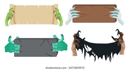 Set of hands of characters holding different signs in a cartoon style. Vector illustration of creepy witch hands, monsters with claws holding papyrus, wooden tablets, stone, torn rag. Halloween.