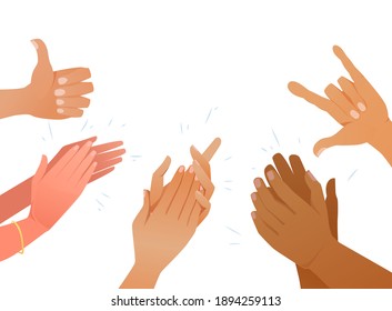 Set of hands clapping cartoon illustration. Thumbs up, applause hands different colors of skin. Congrats, success, winner concept. 