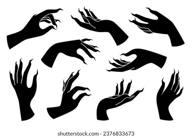 Set of hands with claws, talons isolated on white background. Vector flat illustration. Design for scary print, banner, poster