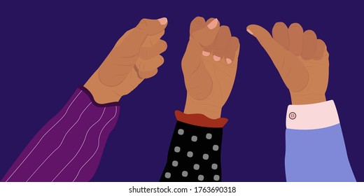 Set of hands clenched into a fist. Bent fingers, hands holding something. Hands in bright fashionable clothes. Vector illustration