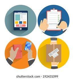 Set of hands clients purchasing. Order of the goods online, payment and delivery. Business concept
