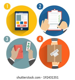 Set of hands clients purchasing. Order of the goods online, payment and delivery. Business concept
