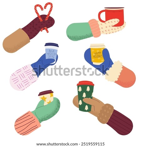 Set of hands with coffee cups with Christmas design. A hand in mittens holds a cup of coffee. Winter seasonal concept.