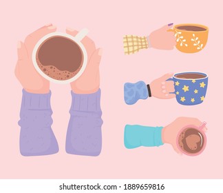 set of hands with coffee cups, fresh hot beverage vector illustration