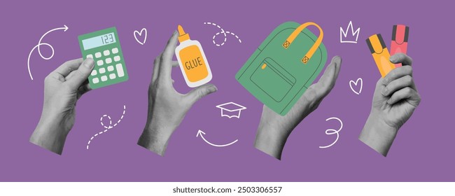 Set of hands collage with stationery. Back to school concept. Template for card, print, poster, banner, social media. Isolated vector illustration