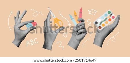 Set of hands collage with stationery. Back to school concept. Template for card, print, poster, banner, social media. Isolated vector illustration