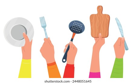 Set of hands with colorful clothes holding dishes in cartoon style. Vector illustration of hands holding kitchen utensils:plate, fork, spoon skimmer, cutting board, knife isolated on white background.