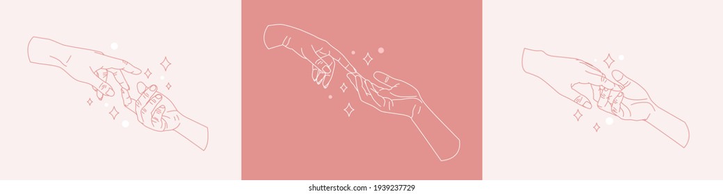 Set of hands compositions. Minimal line art style. Vector illustration.