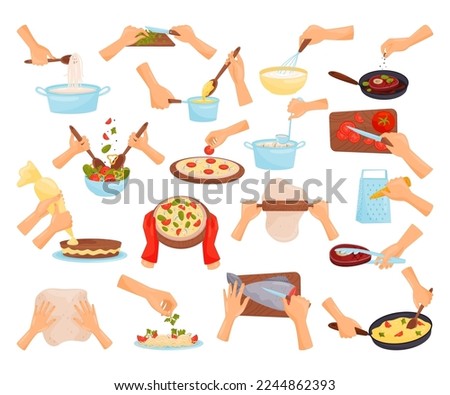 Set of hands cooking with kitchen tools. Hands rolling dough with rolling pin, baking cake, cooking pizza and pasta cartoon vector