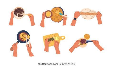 Set Hands Cooking Top View Image Capturing Hands Preparing Pastry, Pasta, Vegetable Food From Above, Vector Illustration