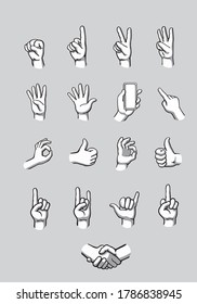 Set of hands counting, holding smartphone, pointing, showing gestures, O.K., handshake. Hand drawn vector illustration in black line and shadow