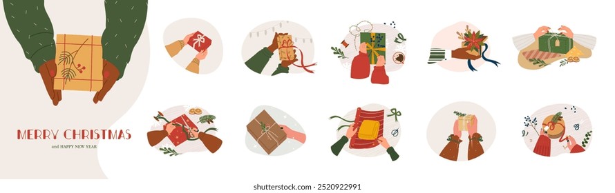 Set of hands in cozy sweater holding christmas gift with red bow vector isolated illustration. Stylish female and male hands opening, wrapping present, preparing gift for Christmas, new year souvenirs