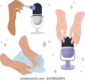 Set With Hands Creating ASMR Content. Blogging Concept. Vector Illustration In Flat Style