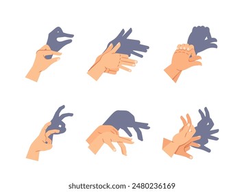 Handsatz zum Erstellen verschiedener Schattenpuppen. Vektorgrafik Bild zeigt verschiedene Handpositionen und wirft Tierschatten