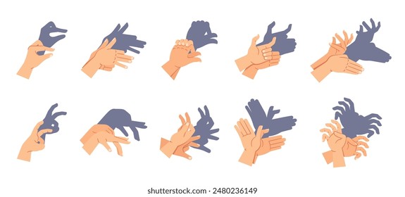 Set Of Hands Creating Various Shadow Puppet Shapes Resembling Animals. Vector Imaginative Silhouettes