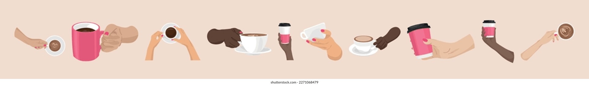 Set of hands with cups of coffee on beige background