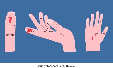 Set of hands with cuts and bleeding. Injured finger. Collection of medical designs. Vector hand drawn illustration