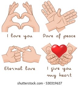 Set of hands depict the Eternal love, Dove of peace, I love you, I give you my heart. Valentines Day symbols concept art. Vector stock illustration