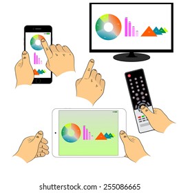 Set of hands and devices: phone, TV, Computers tablet, remote for the TV. You can use infographics, in web design, in graphs. Vector illustration. EPS 8