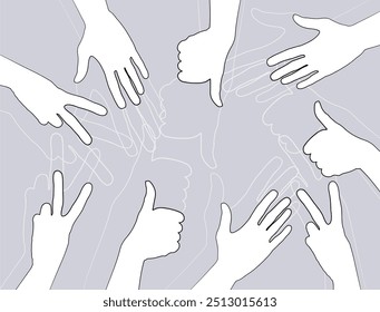 Set of hands. Different arm or palm gestures. Okay, high five, peace. Body language. Cartoon flat vector illustrations isolated.