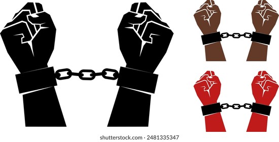  Set of hands of different color in shackles or handcuffs. Stock vector illustration