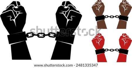  Set of hands of different color in shackles or handcuffs. Stock vector illustration