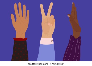 Set of hands in different colors of skin and race. Various hand gestures. Hands in colorful bright clothes. Set of elements for your design