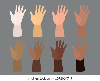 Set of hands in different colors. United community 