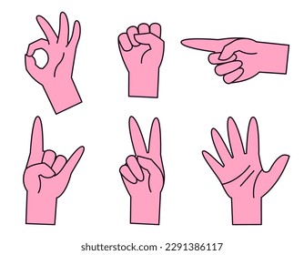 Set of hands with different gestures. Body parts in lineal flat style.