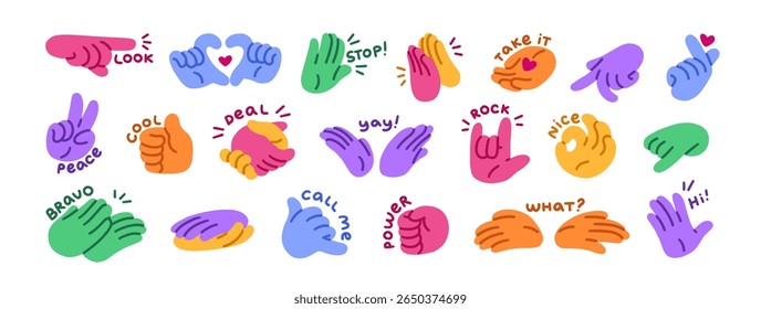 Conjunto de mãos com gestos diferentes. Linguagem corporal, sinais de Hi, Stop, OK, aperto de mão, paz e amor. As palmeiras coloridas estão apontando e saudando. Ilustrações de vetor isoladas planas sobre fundo branco