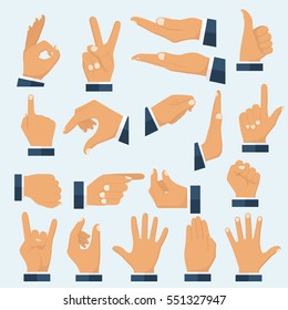 Set hands in different gestures. Collection emotions, signs. Gestures arm: stop, palm, thumbs up, finger pointer, ok, like, many others. Vector illustration flat design. Isolated on white background.