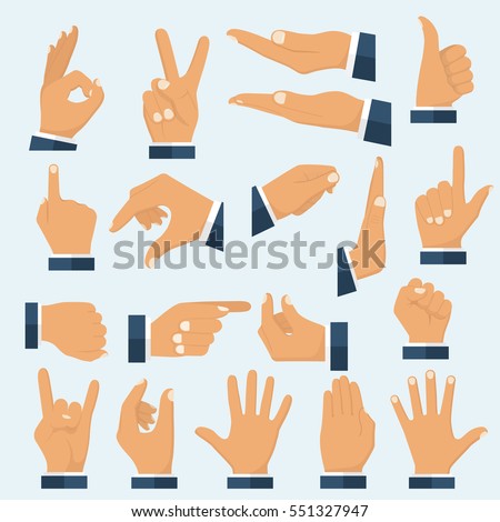 Set hands in different gestures. Collection emotions, signs. Gestures arm: stop, palm, thumbs up, finger pointer, ok, like, many others. Vector illustration flat design. Isolated on white background.