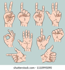 Set of hands in different gestures emotions and signs on white background isolated vector illustration