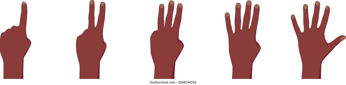 Set of hands in different gestures emotions and signs. Afro American dark skin color. Vector illustration isolated on white background