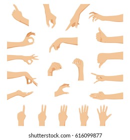 Set of hands in different gestures emotions and signs on white background isolated vector illustration