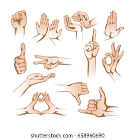 Set of hands in different gestures emotions and signs: protest, give five, caring, stop, okay, scissors, love, kind, heart, finger down, class, gesture call me. Illustration on white background.