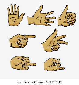 Set of hands in different gestures, emotions and signs. Isolated on white background. Flat vector illustration